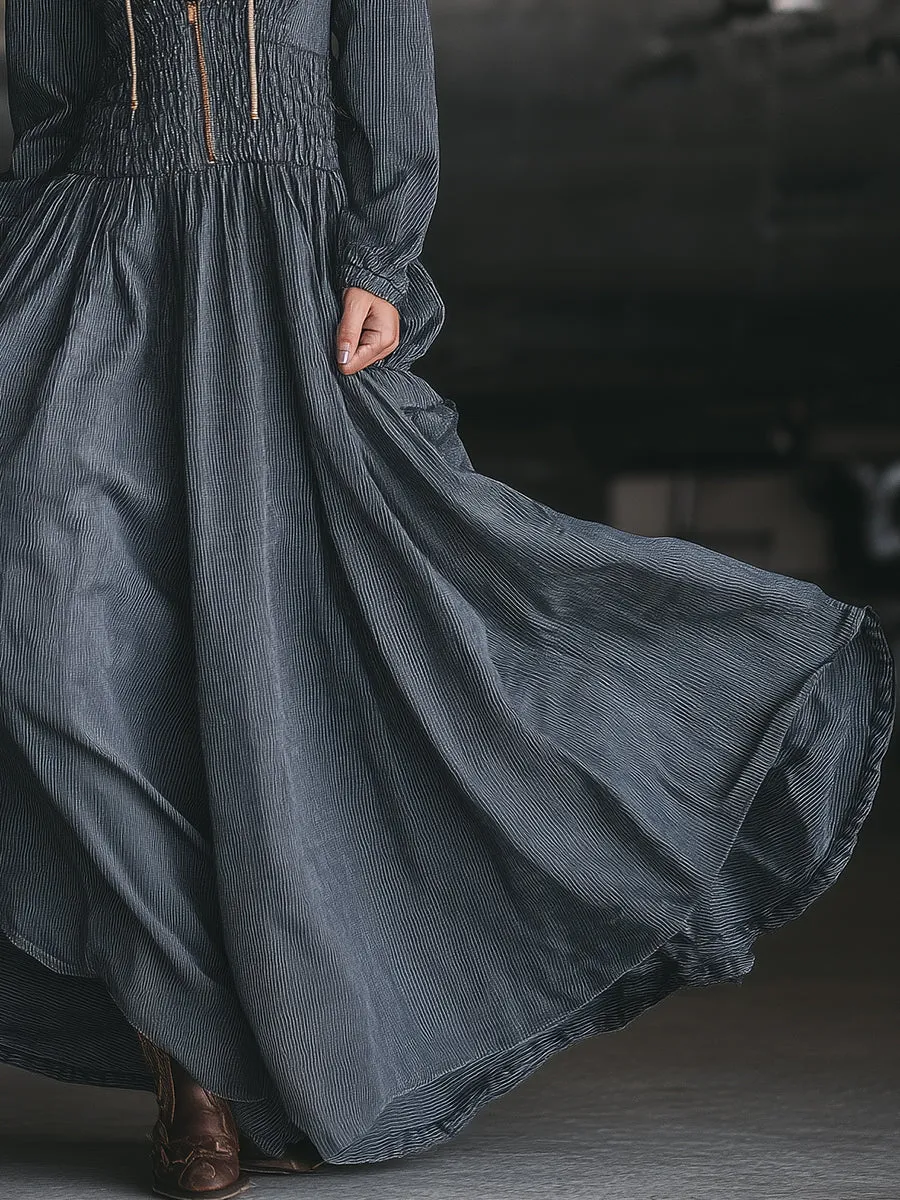 Retro Casual Dark Gray Striped Hooded Zipper Maxi Dress sold by Oyrosy product image thumbnail 4