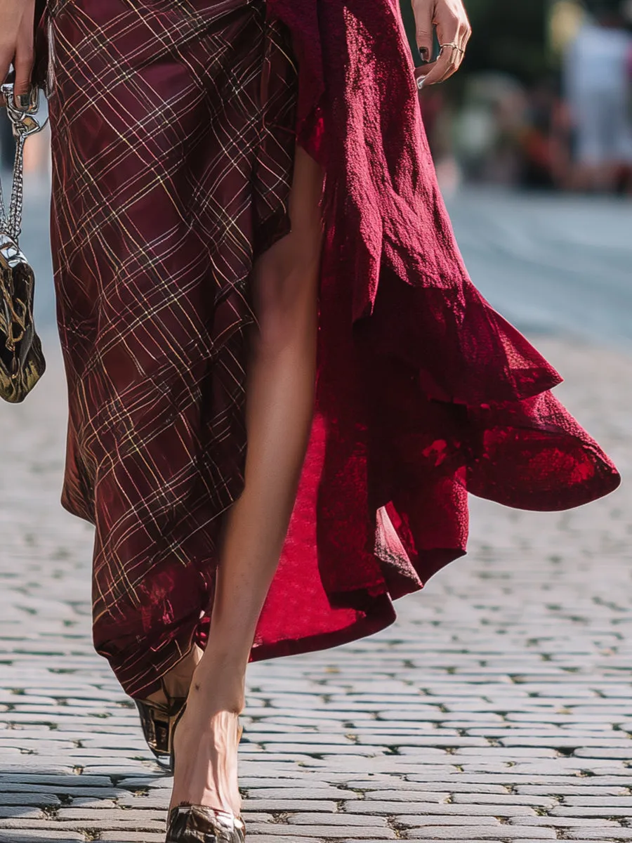 Casual Retro Red Plaid Patchwork Skirt sold by Oyrosy product image thumbnail 4