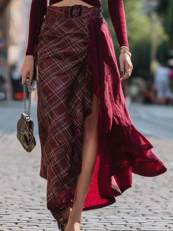 Casual Retro Red Plaid Patchwork Skirt sold by Oyrosy