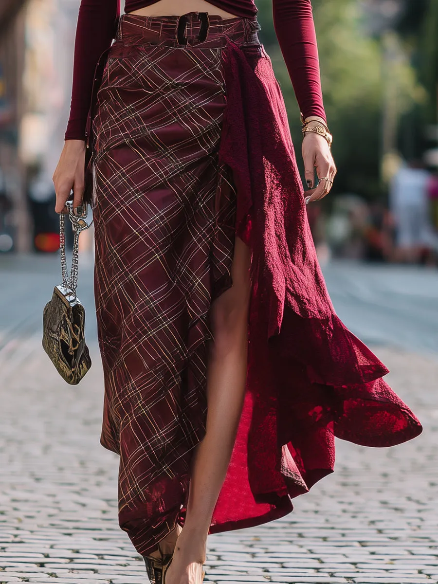 Casual Retro Red Plaid Patchwork Skirt sold by Oyrosy