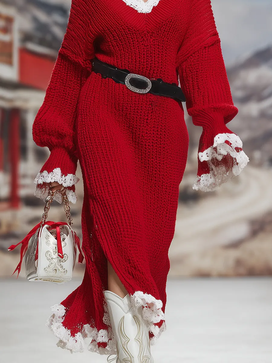 Retro Fashion Red V-neck Lace Splicing Slit Knitted Midi Dress sold by Oyrosy product image thumbnail 3