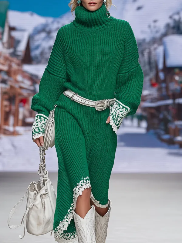 Retro Casual Green High-neck Lace Stitching Knitted Midi Dress sold by Oyrosy