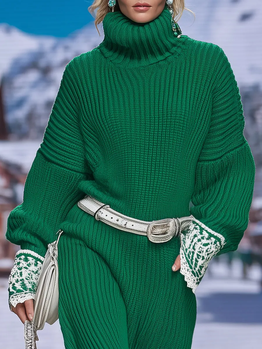 Retro Casual Green High-neck Lace Stitching Knitted Midi Dress sold by Oyrosy product image thumbnail 3