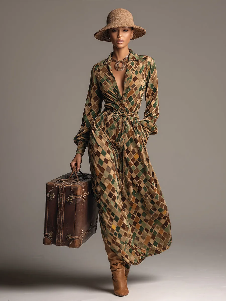 Retro Classic Brown And Green Diamond Check Print Lapel Velvet Maxi Dress sold by Oyrosy product image thumbnail 2
