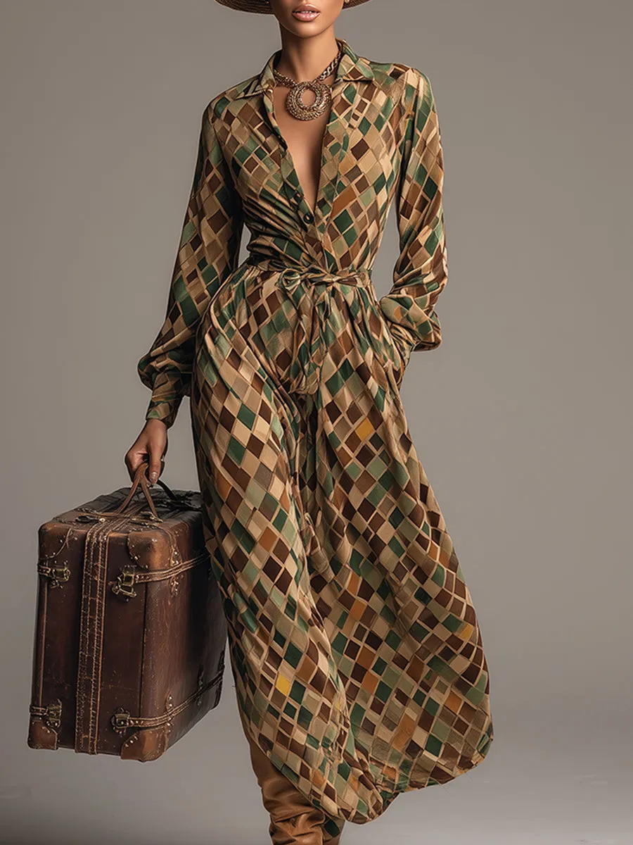 Retro Classic Brown And Green Diamond Check Print Lapel Velvet Maxi Dress sold by Oyrosy
