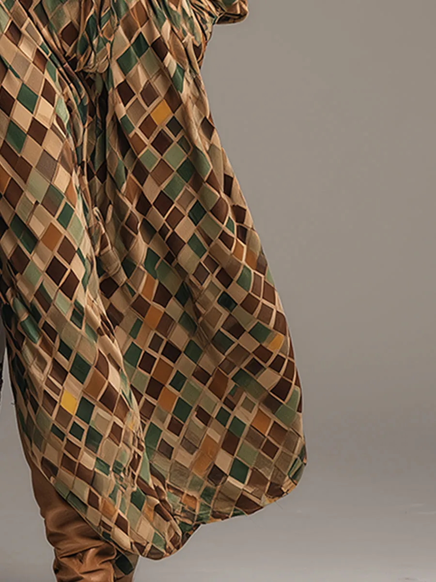 Retro Classic Brown And Green Diamond Check Print Lapel Velvet Maxi Dress sold by Oyrosy product image thumbnail 4