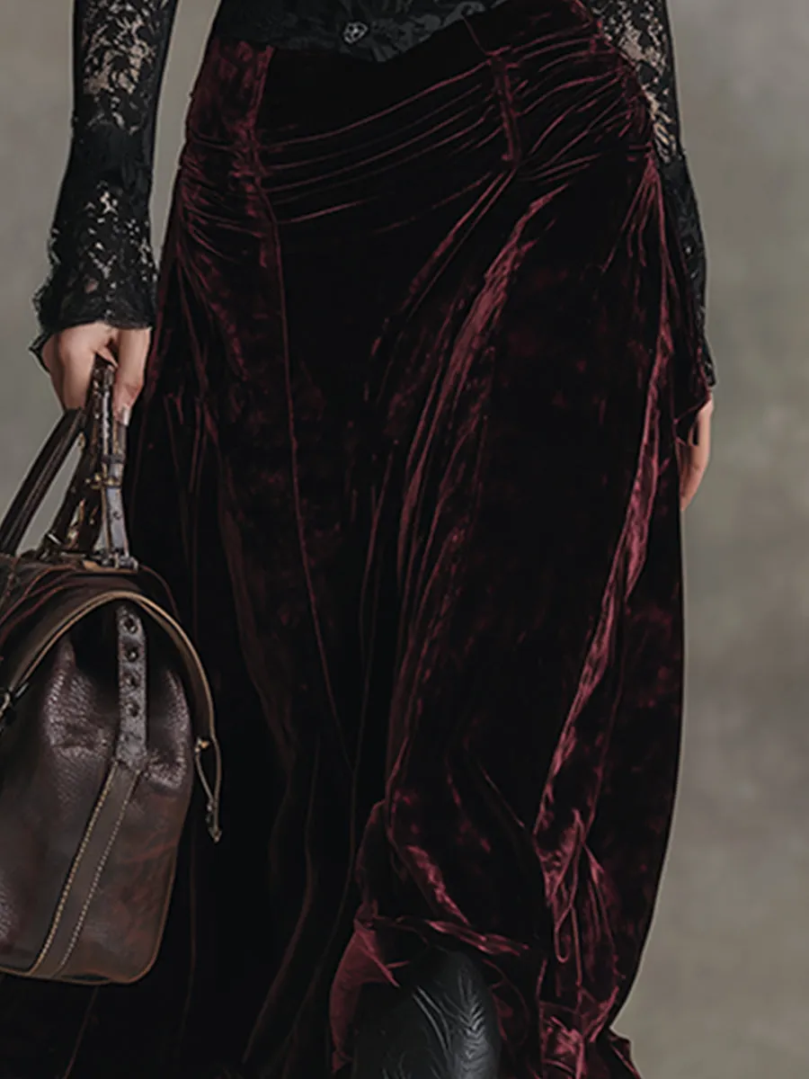 Elegant High-end Black Lace Stitching Burgundy Velvet Maxi Dress sold by Oyrosy product image thumbnail 4
