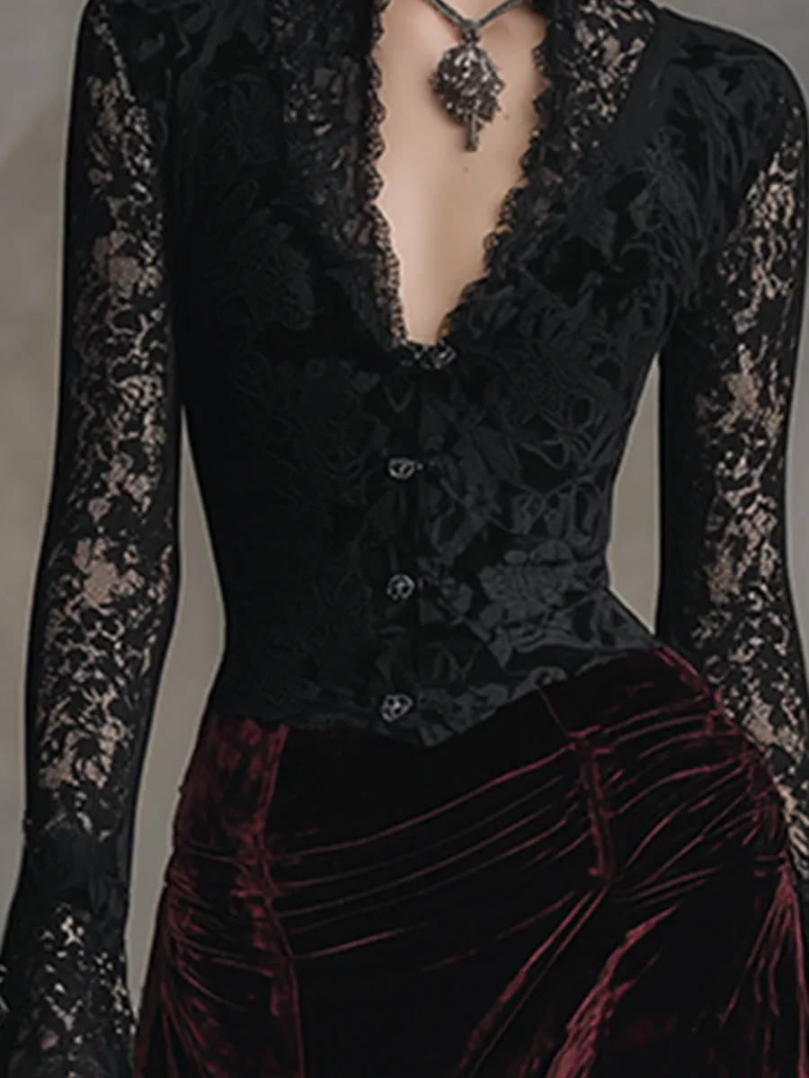 Elegant High-end Black Lace Stitching Burgundy Velvet Maxi Dress sold by Oyrosy product image thumbnail 3