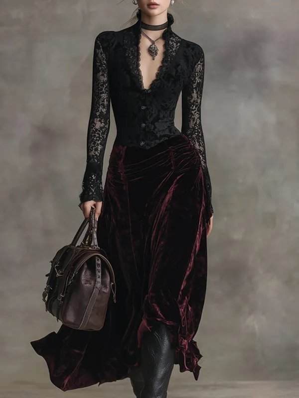 Elegant High-end Black Lace Stitching Burgundy Velvet Maxi Dress sold by Oyrosy