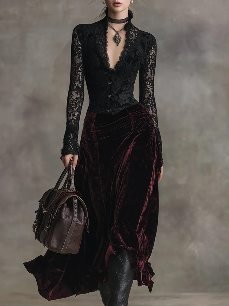 Elegant High-end Black Lace Stitching Burgundy Velvet Maxi Dress sold by Oyrosy