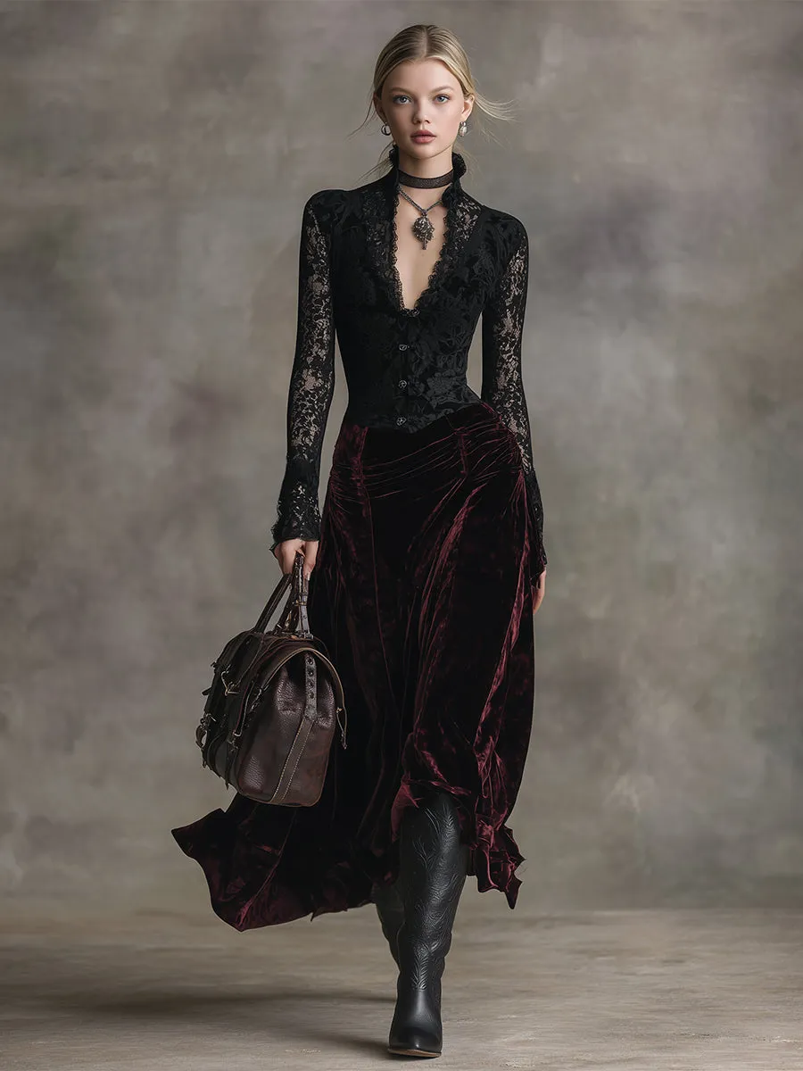 Elegant High-end Black Lace Stitching Burgundy Velvet Maxi Dress sold by Oyrosy product image thumbnail 2