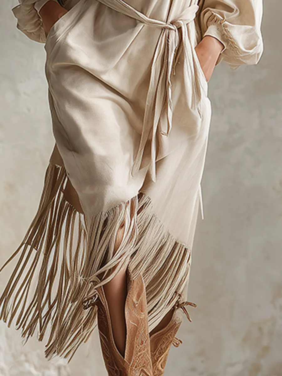 Elegant And Fashionable Cream White High-neck Faux Suede Fringe Midi Dress sold by Oyrosy product image thumbnail 4
