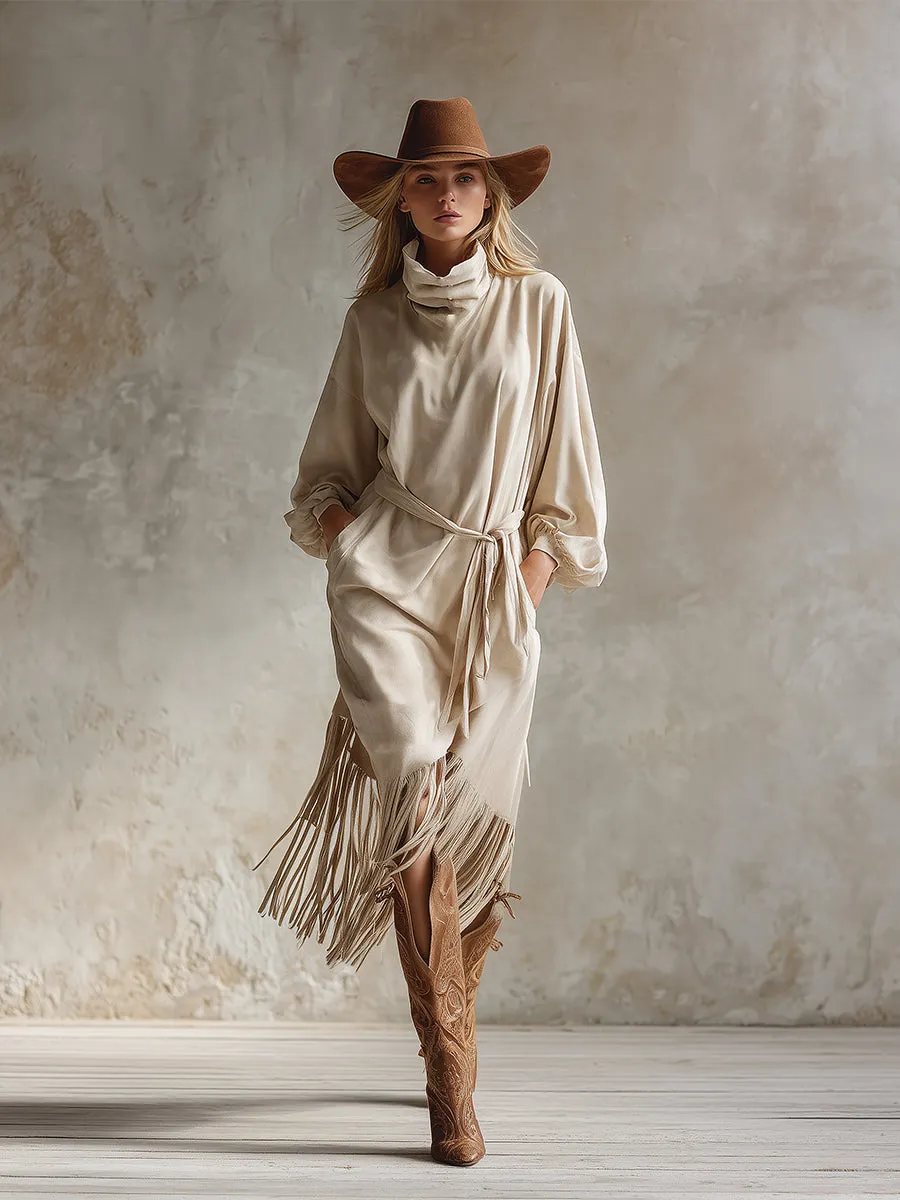 Elegant And Fashionable Cream White High-neck Faux Suede Fringe Midi Dress sold by Oyrosy product image thumbnail 2