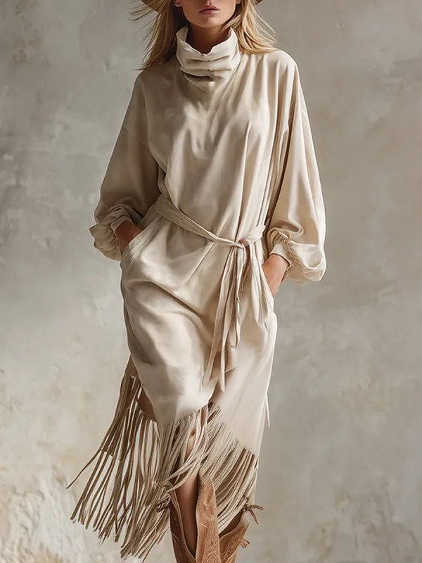 Elegant And Fashionable Cream White High-neck Faux Suede Fringe Midi Dress sold by Oyrosy
