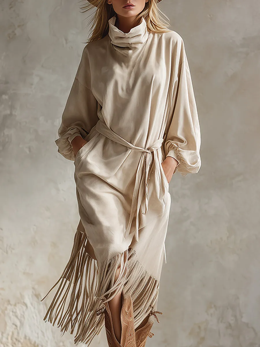 Elegant And Fashionable Cream White High-neck Faux Suede Fringe Midi Dress sold by Oyrosy