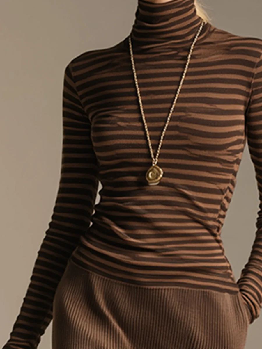 Elegant And Charming Brown Striped High-neck Maxi Dress sold by Oyrosy product image thumbnail 3