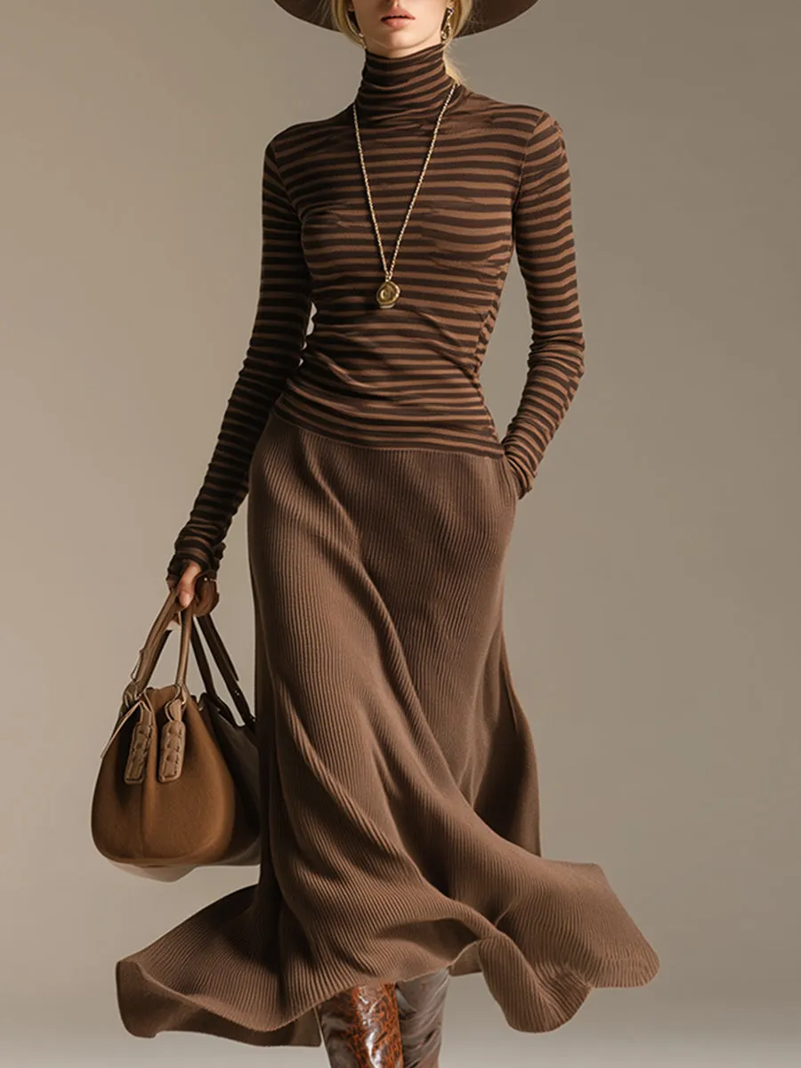 Elegant And Charming Brown Striped High-neck Maxi Dress sold by Oyrosy
