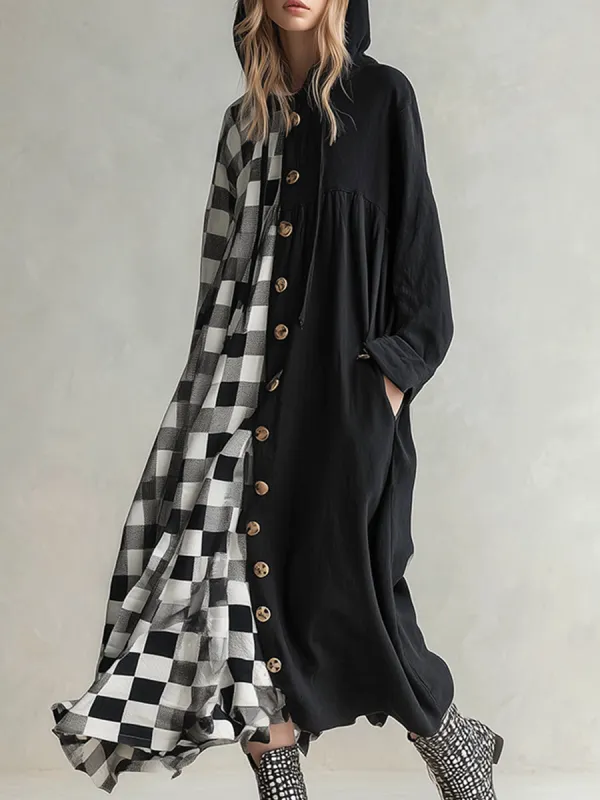 Fashionable And Casual Hooded Plaid Stitching Black Front Button Loose Maxi Dress sold by Oyrosy