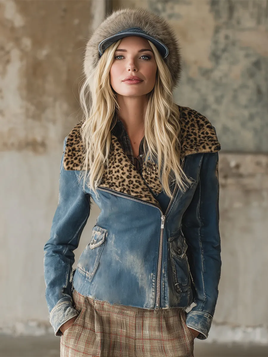Fashionable Western Faux Leopard Fur Collar Blue Diagonal Zipper Denim Jacket sold by Oyrosy product image thumbnail 2