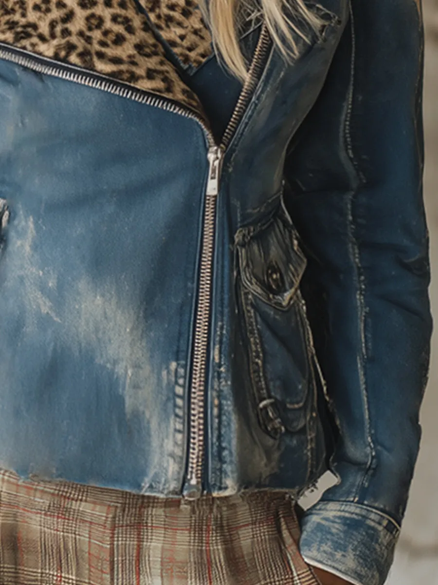 Fashionable Western Faux Leopard Fur Collar Blue Diagonal Zipper Denim Jacket sold by Oyrosy product image thumbnail 4
