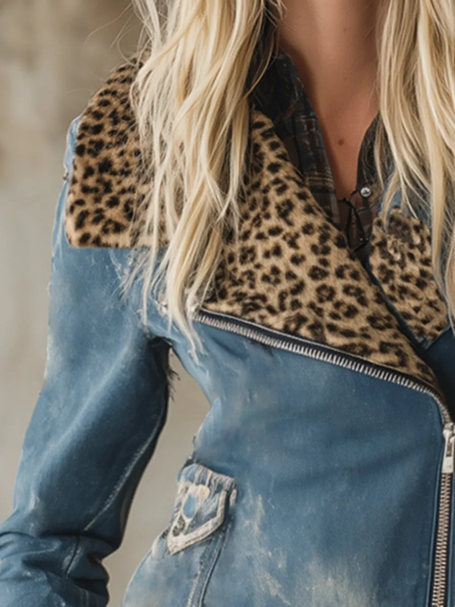 Fashionable Western Faux Leopard Fur Collar Blue Diagonal Zipper Denim Jacket sold by Oyrosy product image thumbnail 3