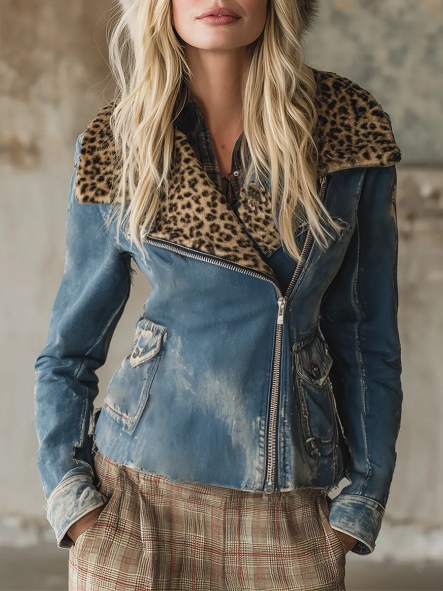 Fashionable Western Faux Leopard Fur Collar Blue Diagonal Zipper Denim Jacket sold by Oyrosy