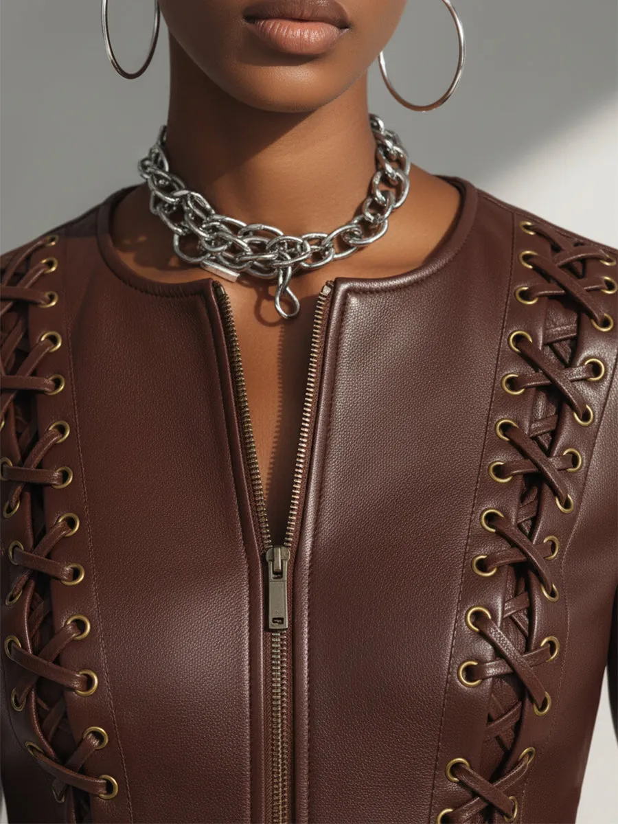 Stylish Urban Brown Lace-up Front Zip-up Faux Leather Jacket sold by Oyrosy product image thumbnail 3