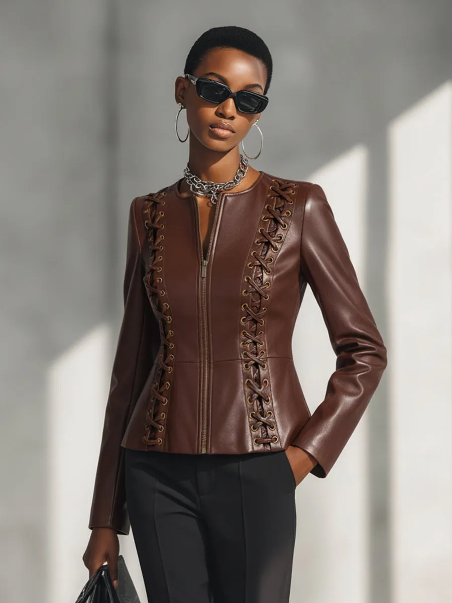 Stylish Urban Brown Lace-up Front Zip-up Faux Leather Jacket sold by Oyrosy product image thumbnail 2