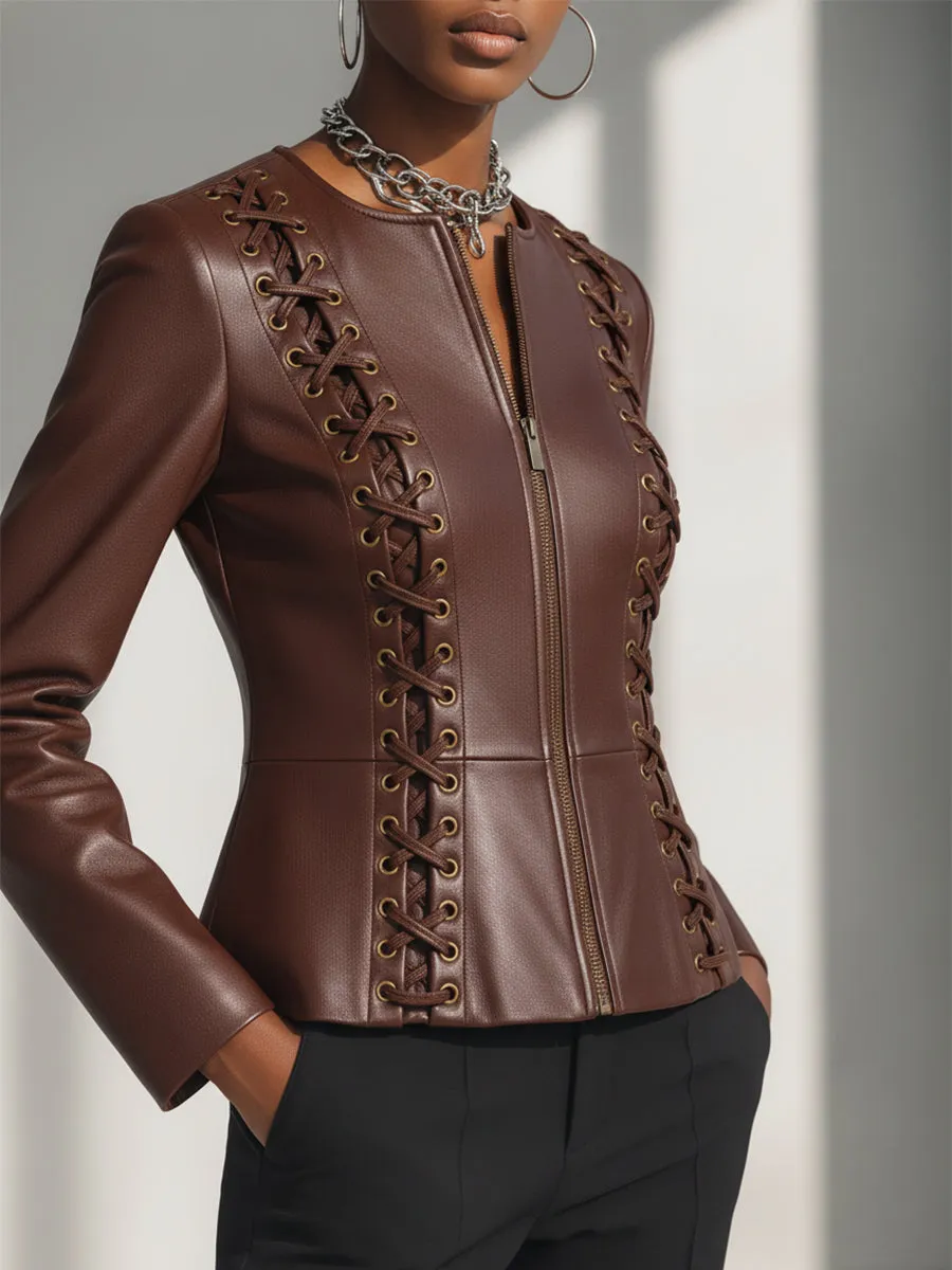Stylish Urban Brown Lace-up Front Zip-up Faux Leather Jacket sold by Oyrosy product image thumbnail 4