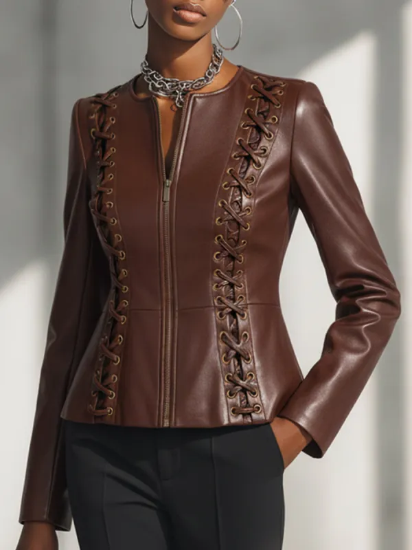 Stylish Urban Brown Lace-up Front Zip-up Faux Leather Jacket sold by Oyrosy