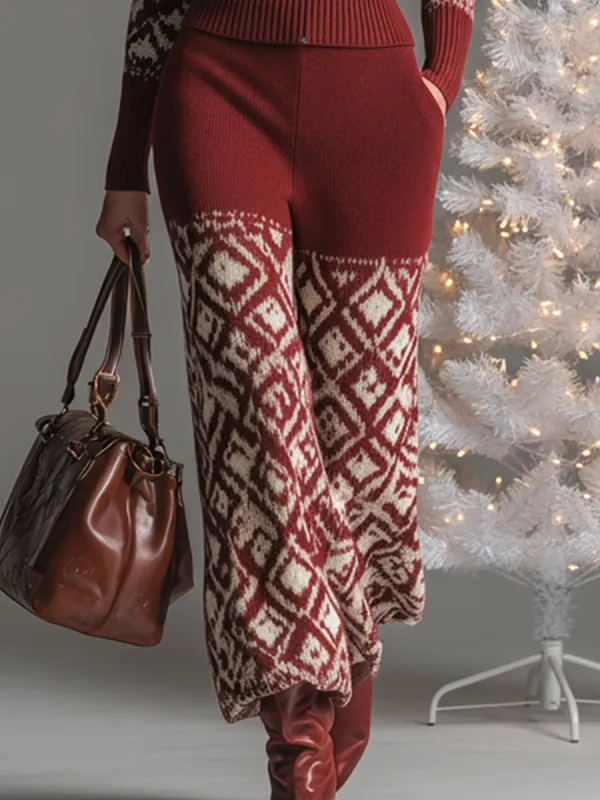 Trendy Christmas Pattern Red Knitted Wide-leg Pants sold by Oyrosy