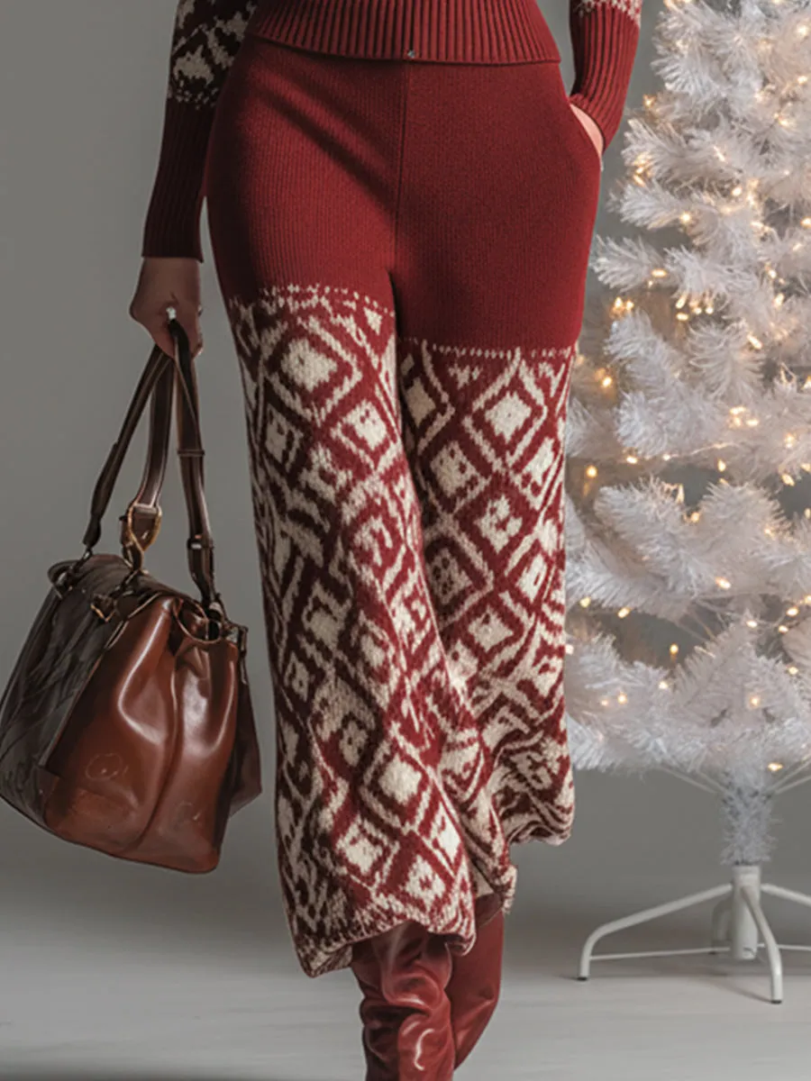 Trendy Christmas Pattern Red Knitted Wide-leg Pants sold by Oyrosy