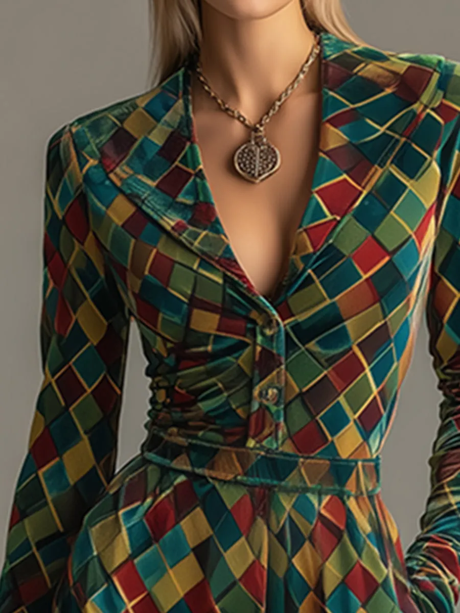 Vintage Colorful Mosaic Diamond Print Velvet Maxi Dress sold by Oyrosy product image thumbnail 4