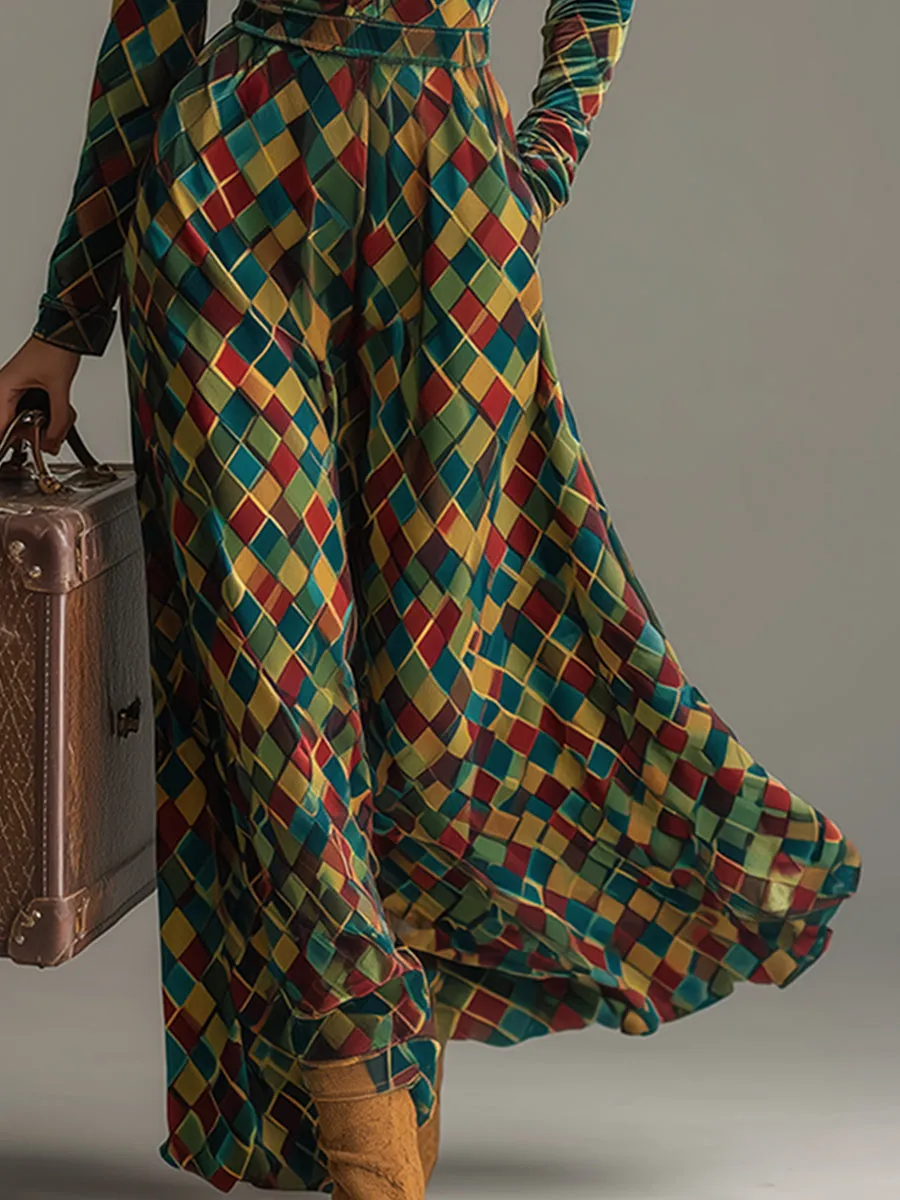 Vintage Colorful Mosaic Diamond Print Velvet Maxi Dress sold by Oyrosy product image thumbnail 3