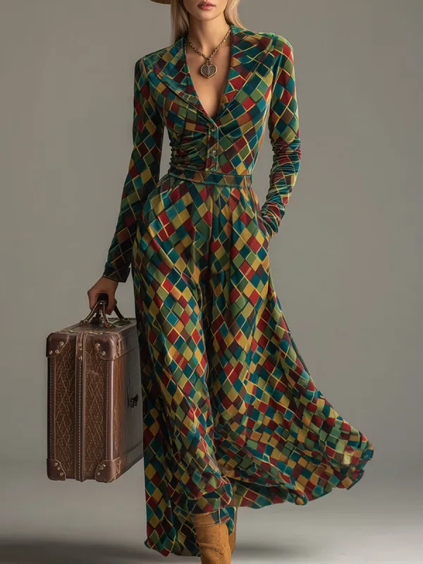 Vintage Colorful Mosaic Diamond Print Velvet Maxi Dress sold by Oyrosy