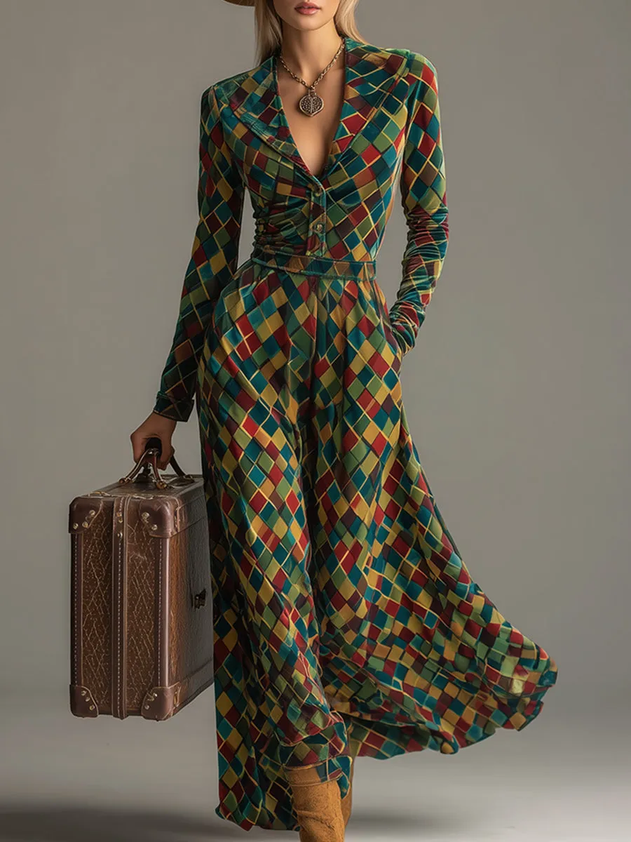 Vintage Colorful Mosaic Diamond Print Velvet Maxi Dress sold by Oyrosy