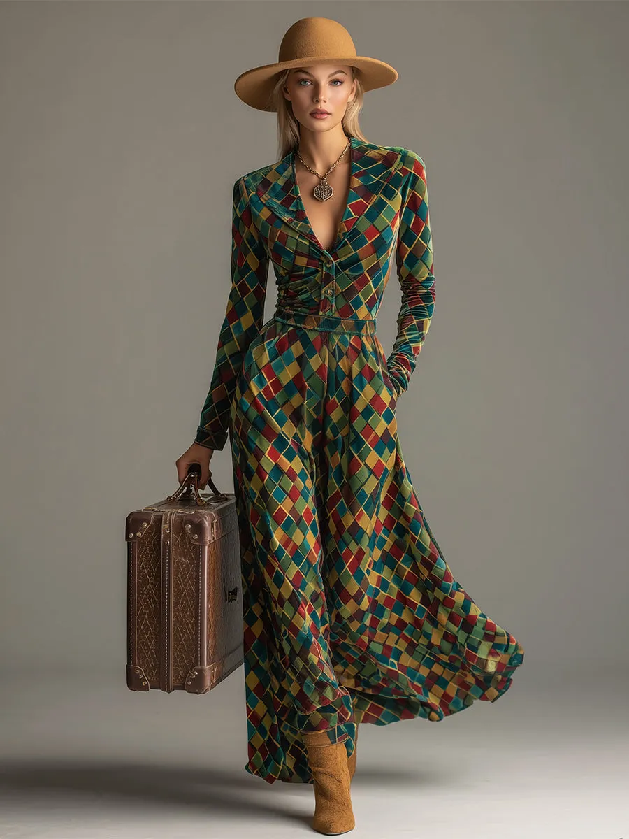 Vintage Colorful Mosaic Diamond Print Velvet Maxi Dress sold by Oyrosy product image thumbnail 2