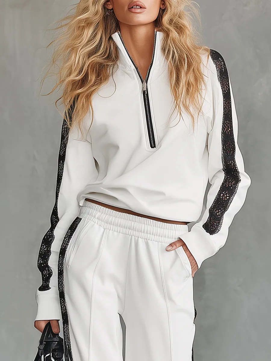 Fashionable Sports Style Black Lace Ribbon White Sweatshirt Wide-leg Pants Set sold by Oyrosy product image thumbnail 3