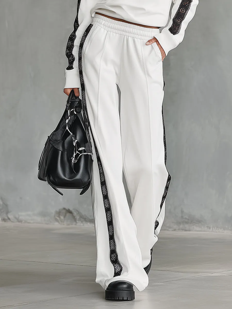 Fashionable Sports Style Black Lace Ribbon White Sweatshirt Wide-leg Pants Set sold by Oyrosy product image thumbnail 4