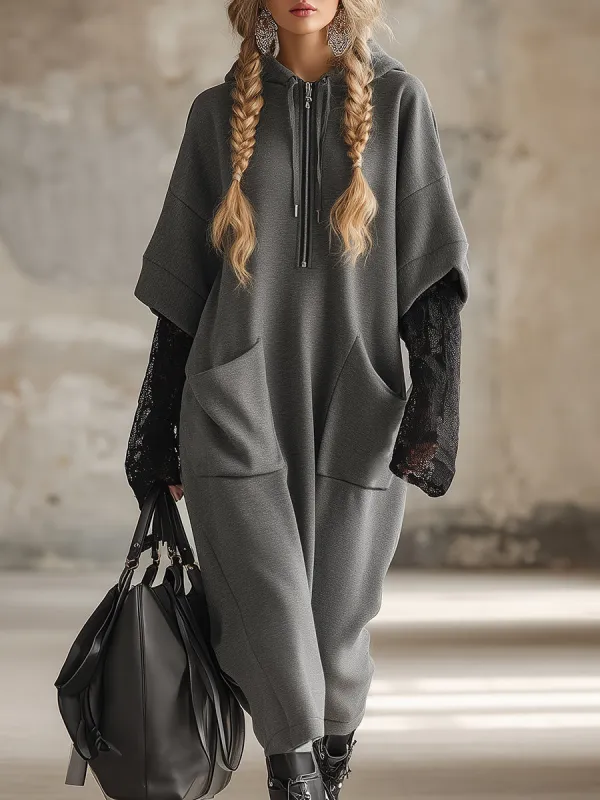 Fashionable Sports Hooded Lace-Panel Sleeve Gray Midi Dress sold by Oyrosy