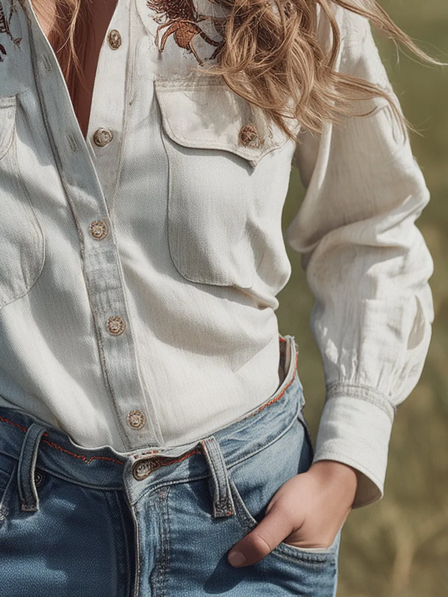 Retro Western Style Long-sleeved Shoulder Embroidery Denim Shirt sold by Oyrosy product image thumbnail 4