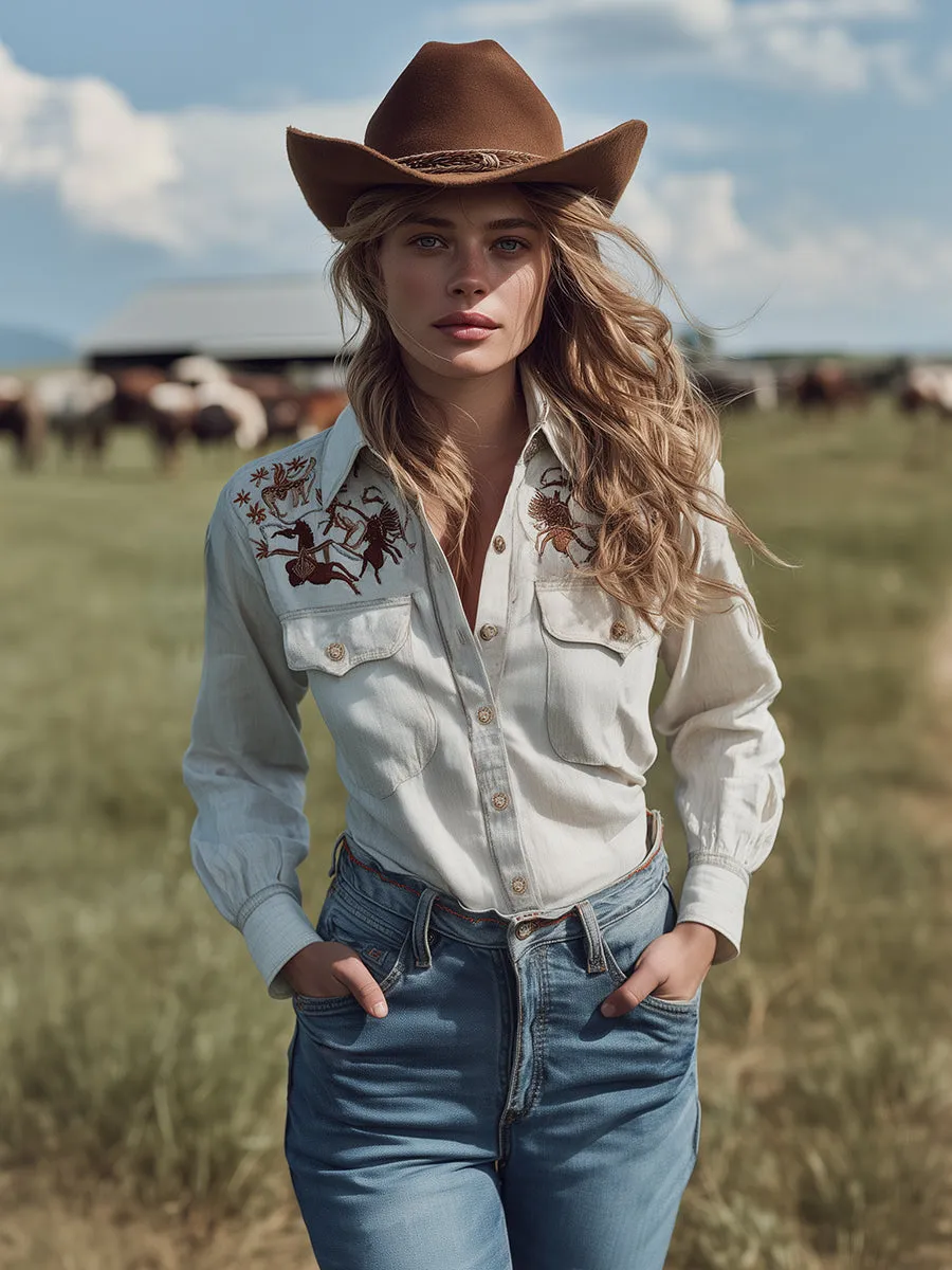 Retro Western Style Long-sleeved Shoulder Embroidery Denim Shirt sold by Oyrosy product image thumbnail 2