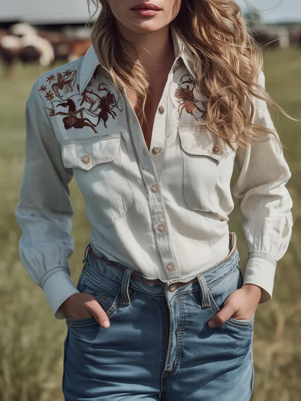 Retro Western Style Long-sleeved Shoulder Embroidery Denim Shirt sold by Oyrosy