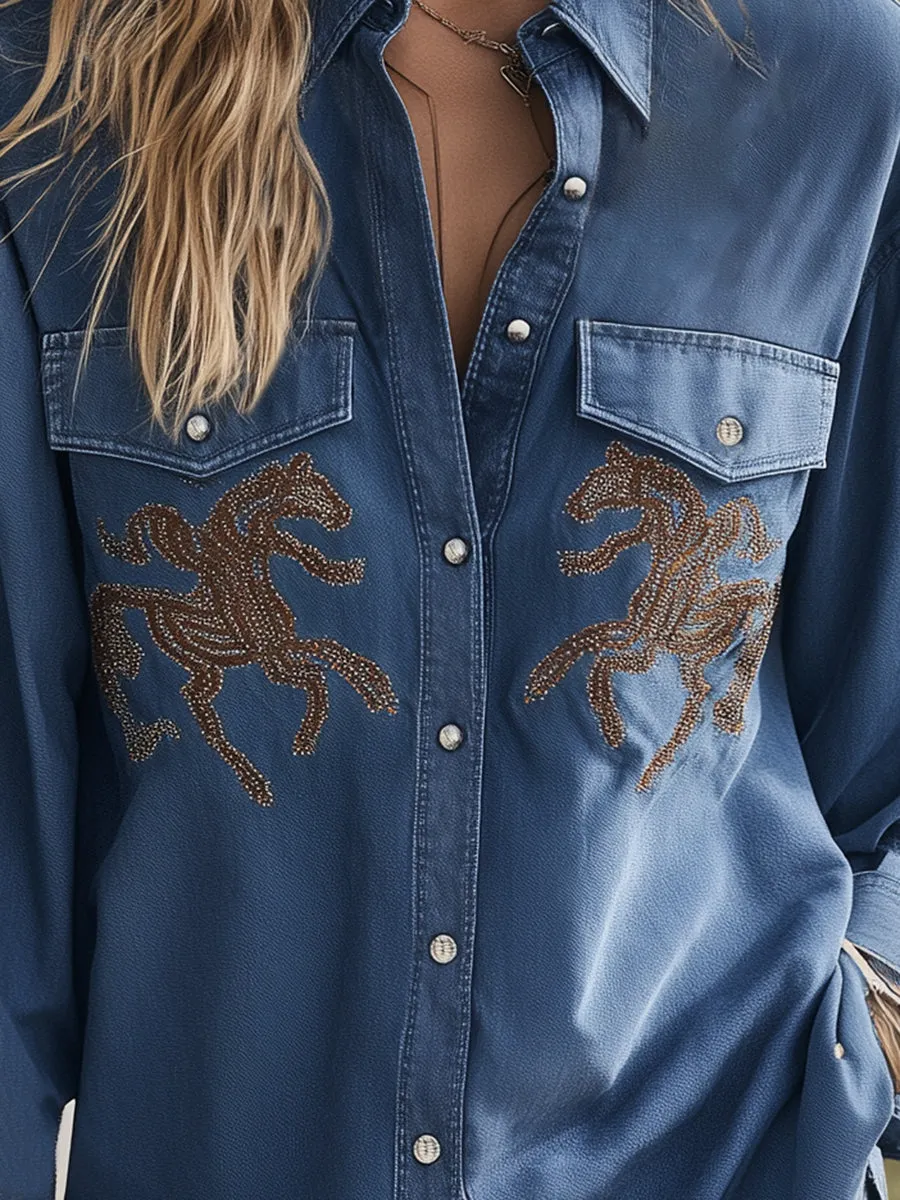 Vintage Western Style Long Sleeve Embroidered Blue Denim Shirt sold by Oyrosy product image thumbnail 3