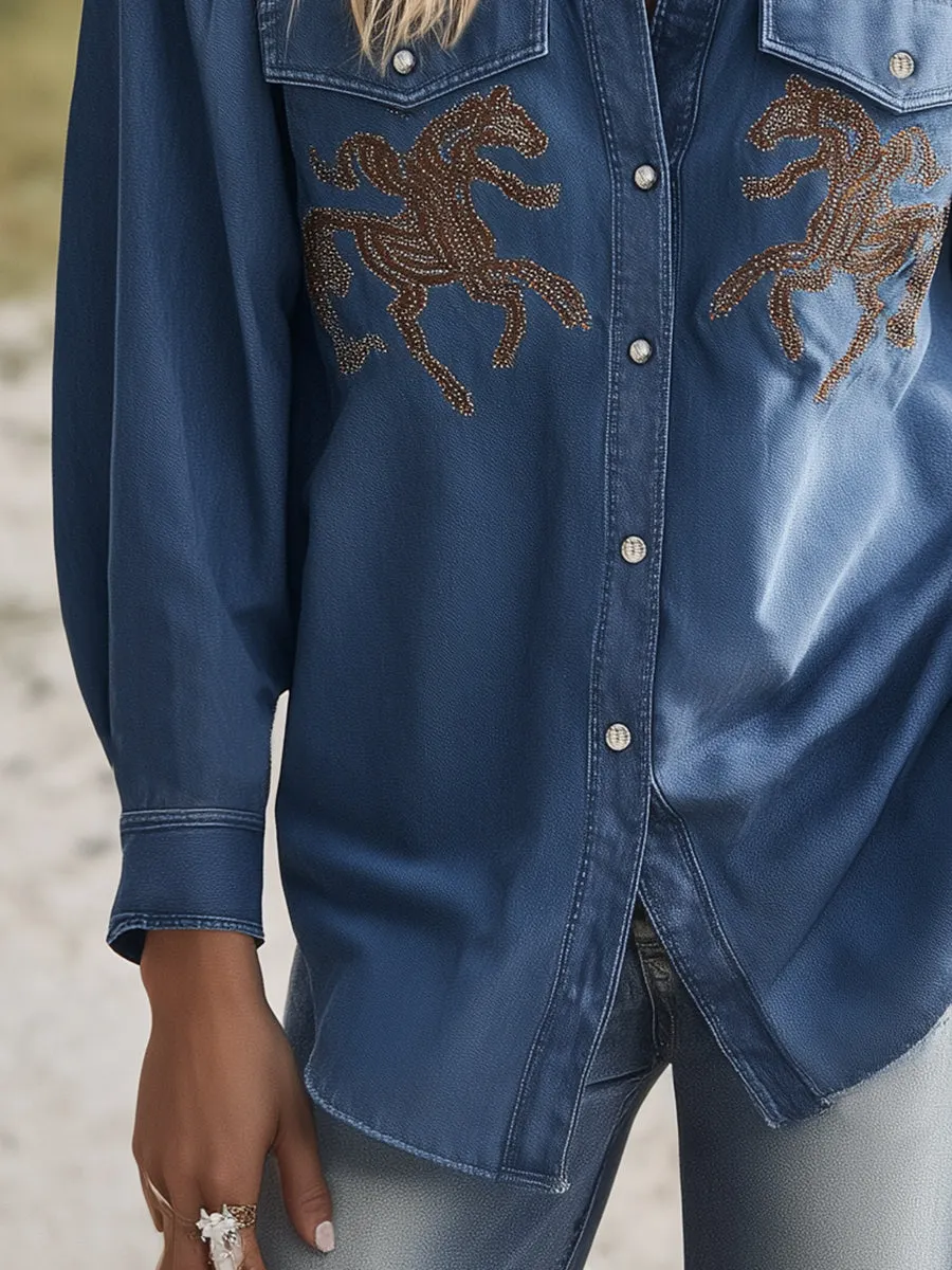 Vintage Western Style Long Sleeve Embroidered Blue Denim Shirt sold by Oyrosy product image thumbnail 4