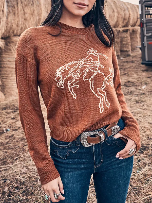 Retro Western Pattern Brown Knitted Pullover Sweater made by Oyrosy
