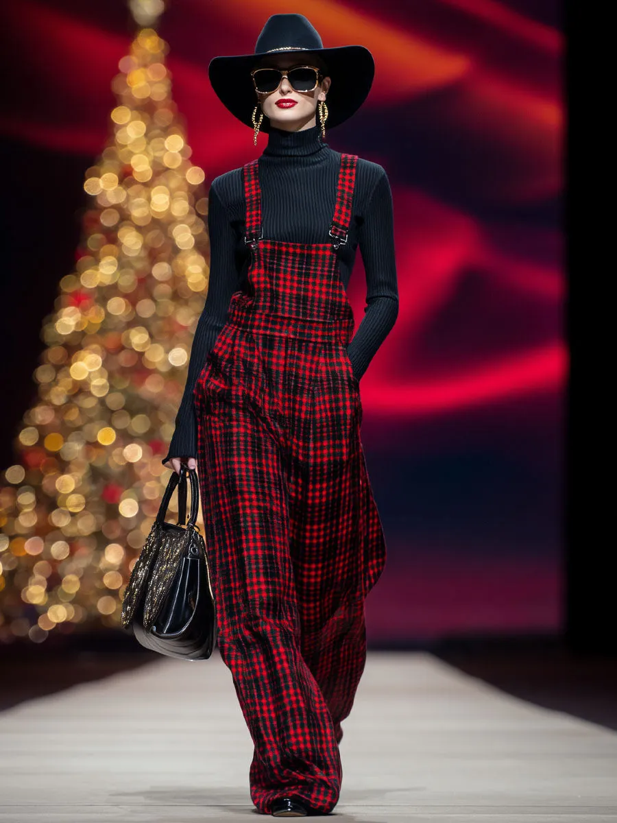 Red And Black Plaid Loose Wide-leg Overalls sold by Oyrosy product image thumbnail 4