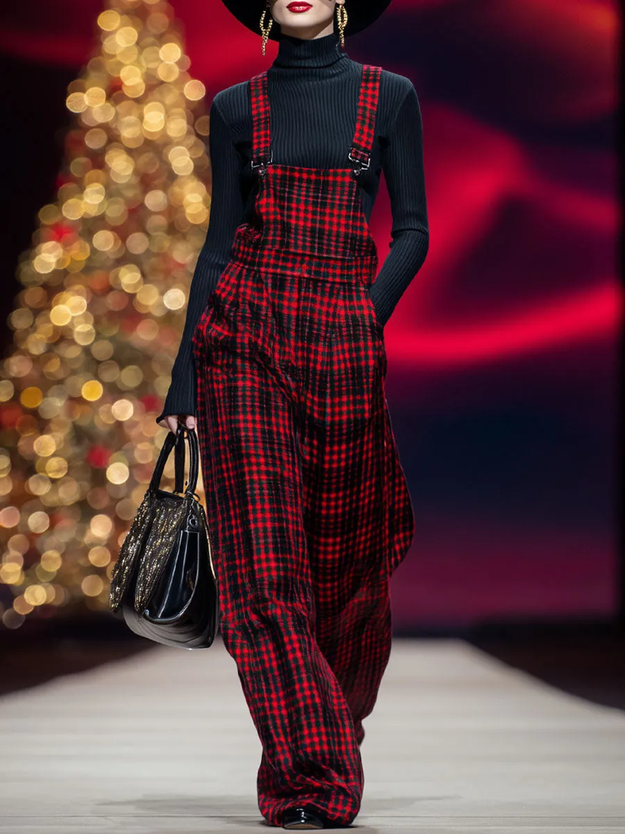 Red And Black Plaid Loose Wide-leg Overalls sold by Oyrosy