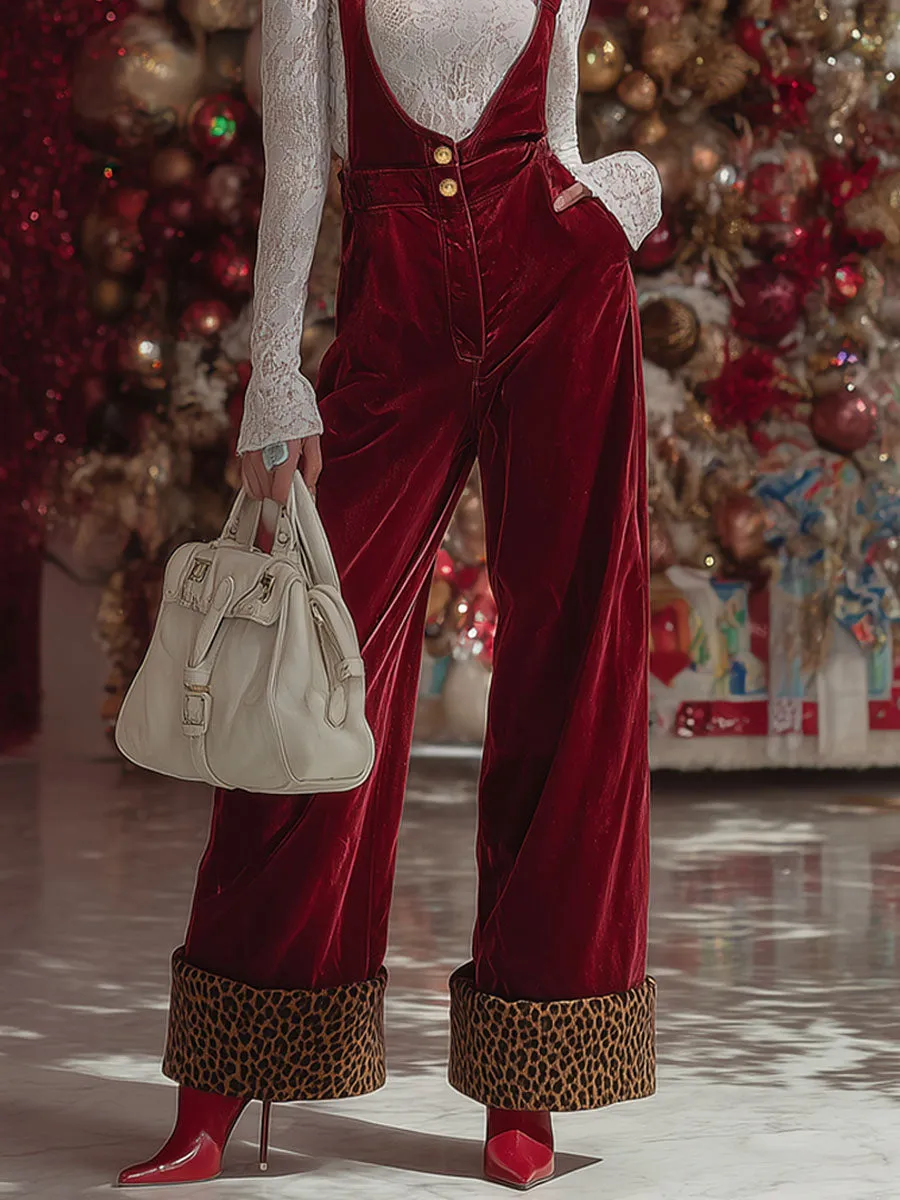 Velvet-paneled Leopard-print Adjustable Overalls sold by Oyrosy product image thumbnail 3