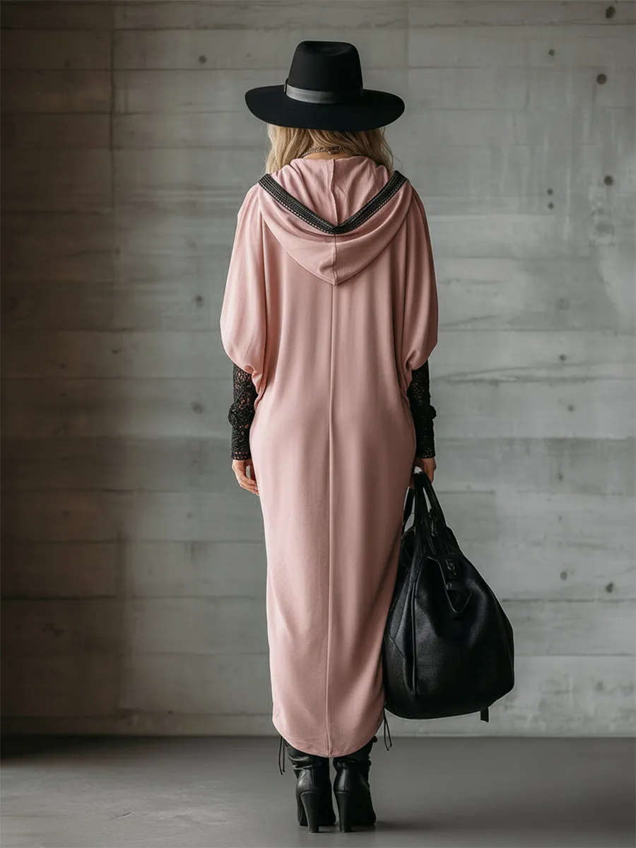 Fashionable Sports Style Black Lace Ribbon Pink Hooded Midi Dress sold by Oyrosy product image thumbnail 2